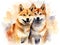 Abstract watercolor painting of a pair of Shiba Inu. Shiba Inu means little dog. Generative AI