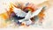 A abstract watercolor painting of a white dove of peace with wings spread. generative ai.