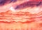 Abstract watercolor romantic background. Curly sea waves of peach color and blurry outlines of pink mountain with white