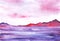 Abstract watercolor romantic landscape. Gentle lilac and pink sky reflecting in mountain lake and blurred mountain range. Hand