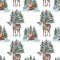 Abstract watercolor winter evergreen forest seamless pattern with fox and deer. New Years and Christmas print. Hand painted