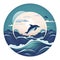 Abstract wavy lines ocean logo with waves, whale and seagulls in circle pattern logo. Icon sea waves symbol