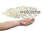 Abstract welcome or greeting international word cloud in hand