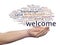 Abstract welcome or greeting international word cloud in hand, different languages or multilingual isolated