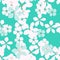 Abstract white and blue flowers with gold core on turquoise background.