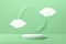 Abstract white and green realistic 3D cylinder pedestal podium with circle scene and white cloud flying. Pastel minimal wall scene