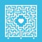 Abstract white square maze. Find the right path to the heart. Labyrinth conundrum. Love search concept. Flat vector illustration