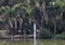 Abstract white stone columnar sculpture standing in a small lake in a park near the Sagrada Familia.