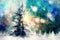 Abstract winter wonderland. Christmas tree with sunlight streaming in the snow. Watercolor Impressionist painting.