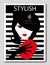 Abstract woman with beret and red clutch on striped background. Fashion magazine cover design