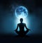 Abstract woman are meditating at blue full moon with star in dark night sky