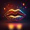 Abstract woman neon lips with glitter. Kiss, beauty concept. AI