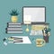 Abstract workaholic desk top icons on blue background