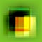 Abstract yellow orange green glitch blurred square lines on green background