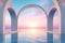 .Abstract Zen Seascape Background. Nordic Surreal Scenery with Geometric Mirror Arches, Calm Water and Pastel Gradient Sky