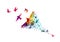 Abstraction with flying colorful birds. A flock of flying rainbow birds. Vector illustration