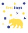 Absurd teddy bear with abstract shape and form around and the text first steps, baby first steps. Artful poster with deep color.