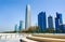 Abu Dhabi Corniche beach and walking area with landmark city vie