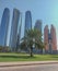 The Abu Dhabi skyline of skyscrapers in the United Arab Emirates, at the Persian Arabian Gulf coast. On the Arabian Peninsula ci