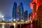 Abu Dhabi, UAE - March 26, 2014: Etihad Towers illuminated at night in Abu Dhabi, UAE. Five towers complex with 74 floors is the