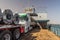 ABU SIMBEL, EGYPT: FEB 22, 2019: Trucks on a ferry crossing Lake Nasser in Abu Simbel, Egy