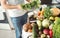 Abundance fruits and vegetables on wooden table in home kitchen