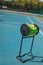 Abundance of green tennis balls in stand at empty court on sunny day