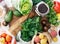 Abundance of healthy food on white wooden table