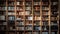 Abundance of old fashioned books on large wooden bookshelf in library generated by AI
