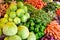 Abundance of vegetables in Asian street market. Heaps of various vegetables at bazaar in India, close up. Cabbage, carrots,