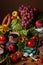 Abundance vegetables, fruits, meat products on the table