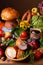 Abundance vegetables, fruits, meat products on the table