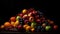 Abundance of vibrant, juicy, multi colored fruit on dark background generated by AI