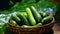 Abundant display of crisp green cucumbers in a basket