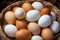 Abundant farmfresh eggs nestled in ecofriendly straw basket, healthy groceries