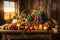 Abundant fruits and vegetables on rustic table