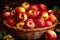 Abundant harvest, full basket of red organic apples with yellow leaves