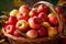 Abundant harvest, full basket of red organic apples with yellow leaves