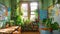 Abundant plants fill room next to window, creating a green oasis indoors, A classroom decorated with motivational posters and