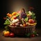 Abundant Thanksgiving Harvest: Basket Overflowing with Fresh Fruits and Vegetables