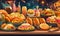 Abundant variety of fast food. Animated picture of diverse snacks with festive flags and lights at backdrop. Generative AI