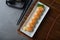 Aburi Salmon Engawa sushi roll flat lay