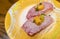 Aburi salmon sushi or Aburi sake nigiri in Japanese style fresh serve on yellow plate. healthy food. Japanese traditional food
