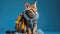 Abyssinian Cat With Braided Hair And A Backpack On Blue Background. Generative AI