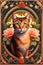 abyssinian cat with classical floral elements emanating from center of face, woodcutting template, decorative design, classical