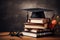 Academic achievement mortarboard, diploma, and book adorn the table