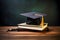 Academic Ambiance,Graduation Cap on Chalkboard\\\'s Edge, Glasses, Pencils Resting Nearby on Wooden Floor.GenerativeAI.