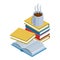 Academic books and coffee mug, colorful design