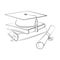 Academic cap with a scroll of diploma lies on a stack of books Line art drawing.Vector illustration Mortarboard cap