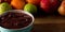 Acai with (AÃ§ai), Brazilian Tradicional Fruit with Tropical Fruits on a Bowl on Wooden Table